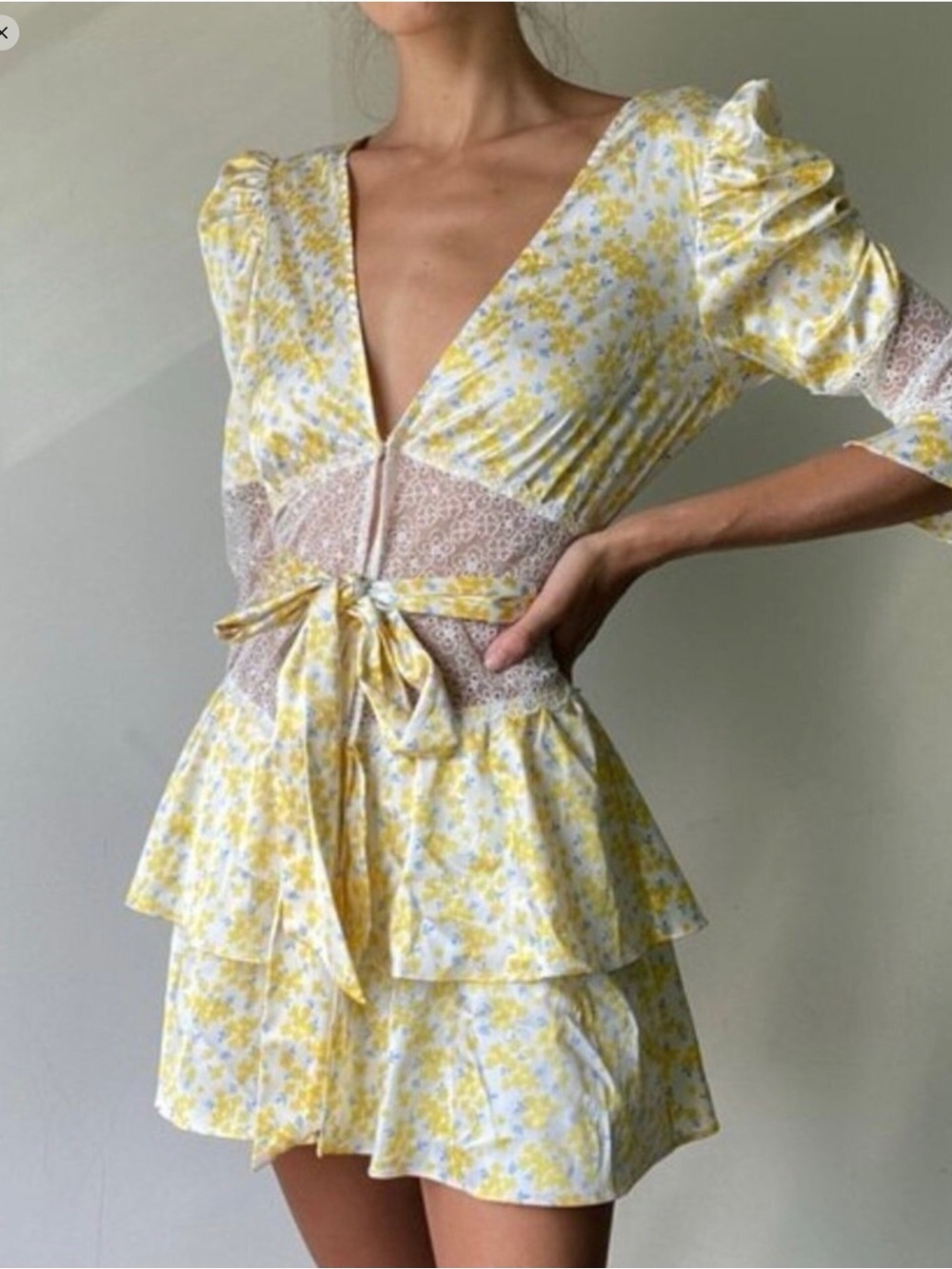 For Love And Lemons Yellow Floral Lace-Inset Tiered Mini Dress